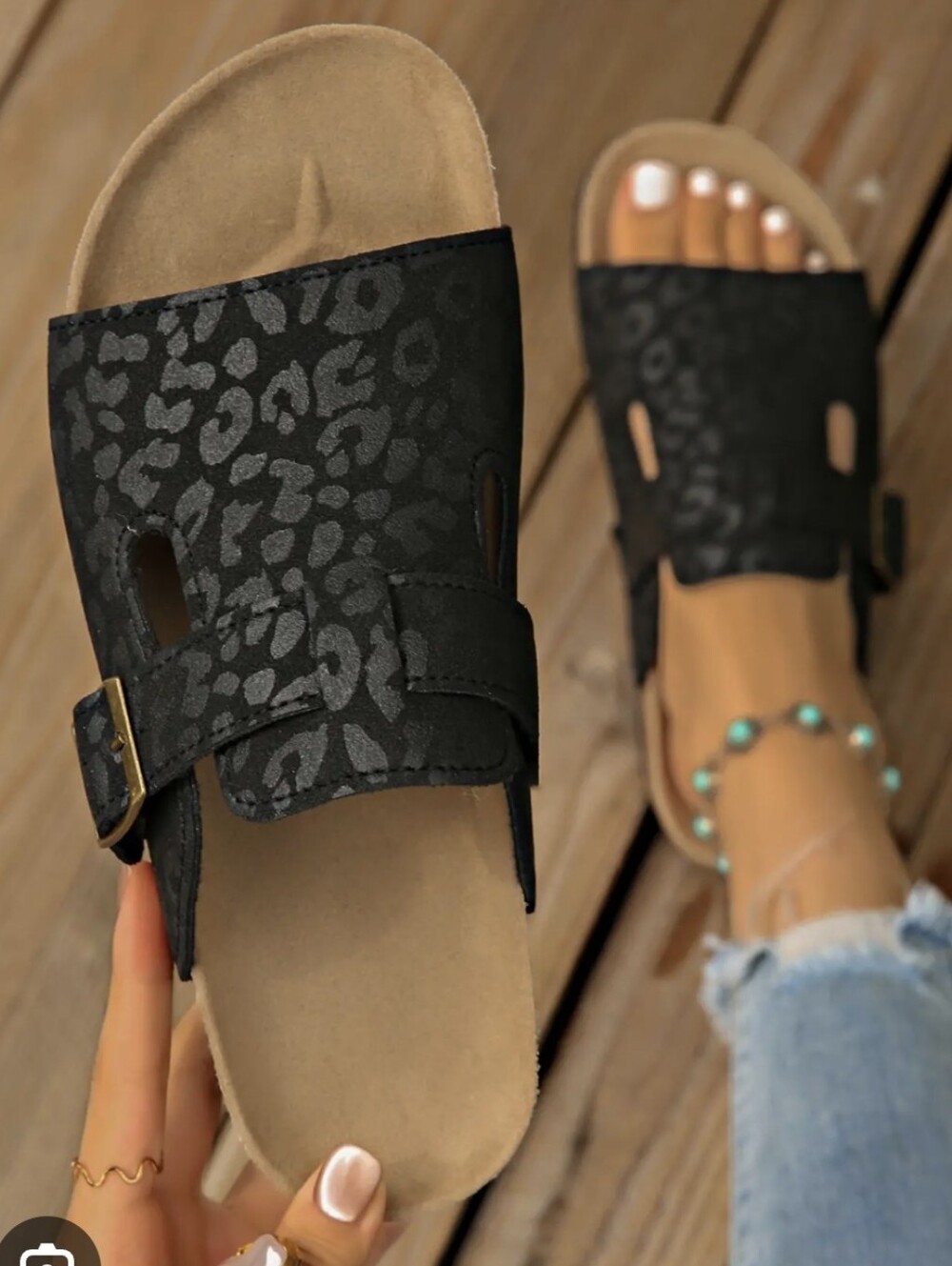 Brand New Black Leopard Print Slide Open Toe Footbed Sandals Size 6.5